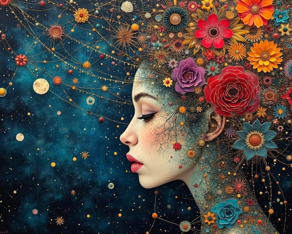 Side Profile of Woman with Floral Cosmic Design