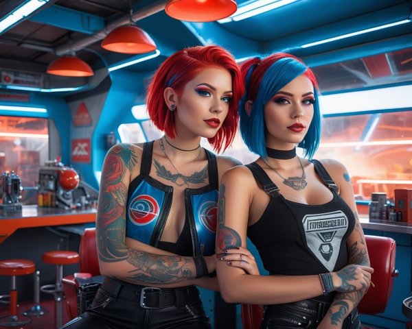 Models with Colorful Hair in Retro Diner Setting