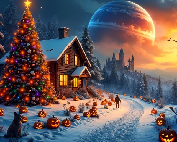 Whimsical Winter Scene Blending Christmas and Halloween