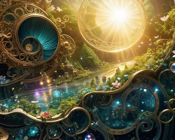 Fantastical Landscape with Golden Spirals and River