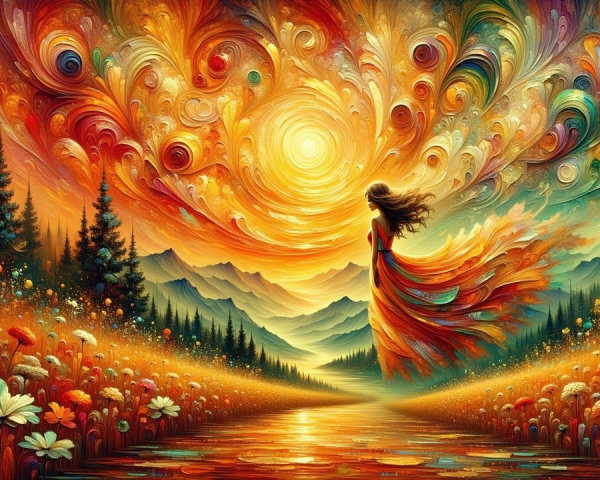 Vibrant Landscape with Figure by Waterway and Mountains