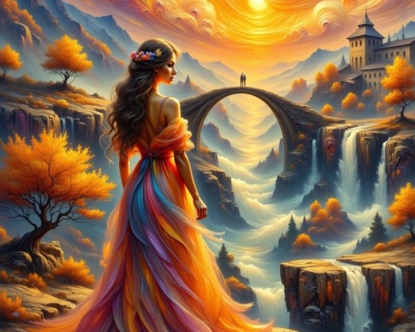 Surreal Landscape with Woman and Sunset Scene