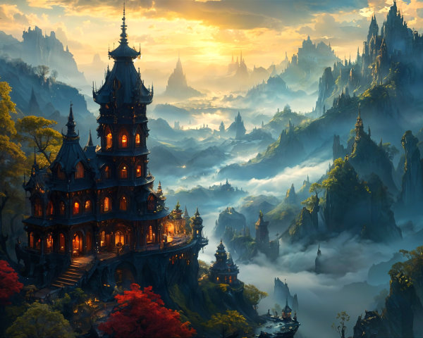 Fantastical Landscape with Castle and Sunset Views