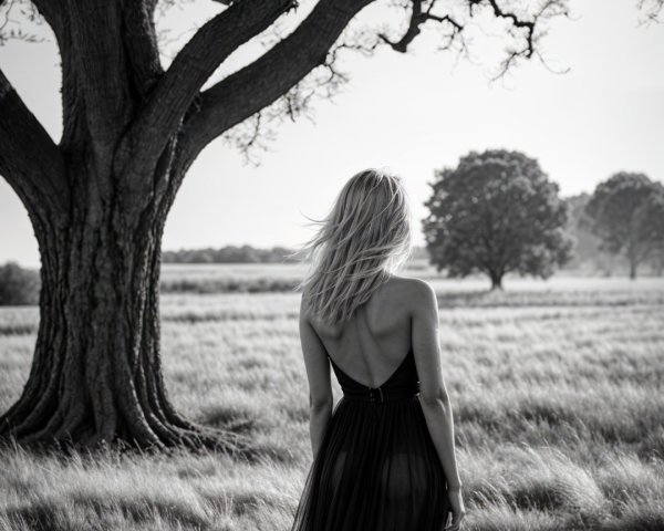 Woman in Black Dress in Grassy Field with Trees