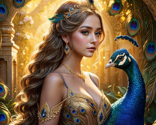 Elegant woman in golden gown with peacock motifs