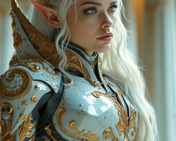 Elf-like character in elegant armor with blue eyes