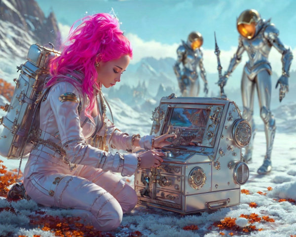 Futuristic Woman with Pink Hair at Retro Console