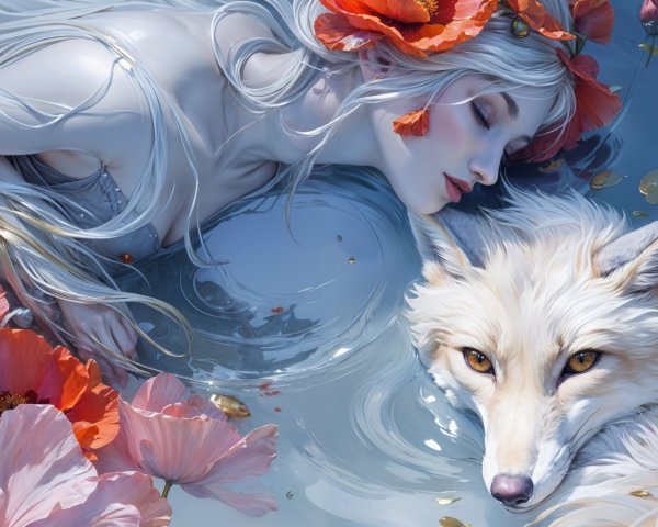 Ethereal Woman in Tranquil Waters with Poppies and Fox