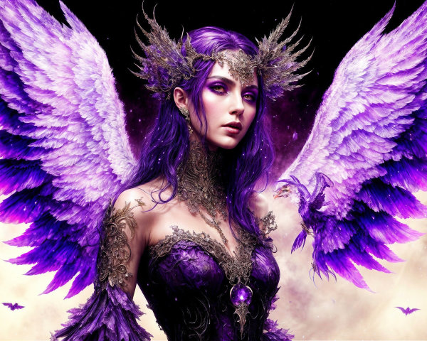 Majestic figure with purple hair and ethereal wings