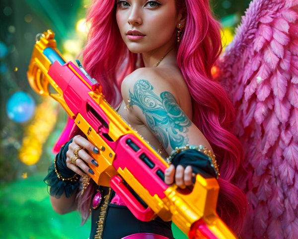 Fierce Figure with Angelic Wings in Enchanting Setting