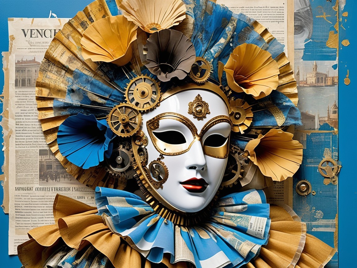 Ornate Masquerade Mask with Golden Gears and Ruffles