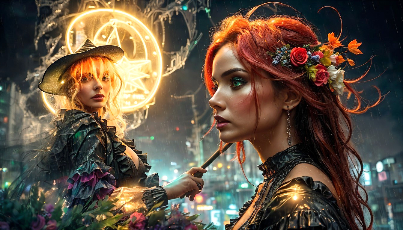 Neon Urban Scene with Two Women and Rain Effects