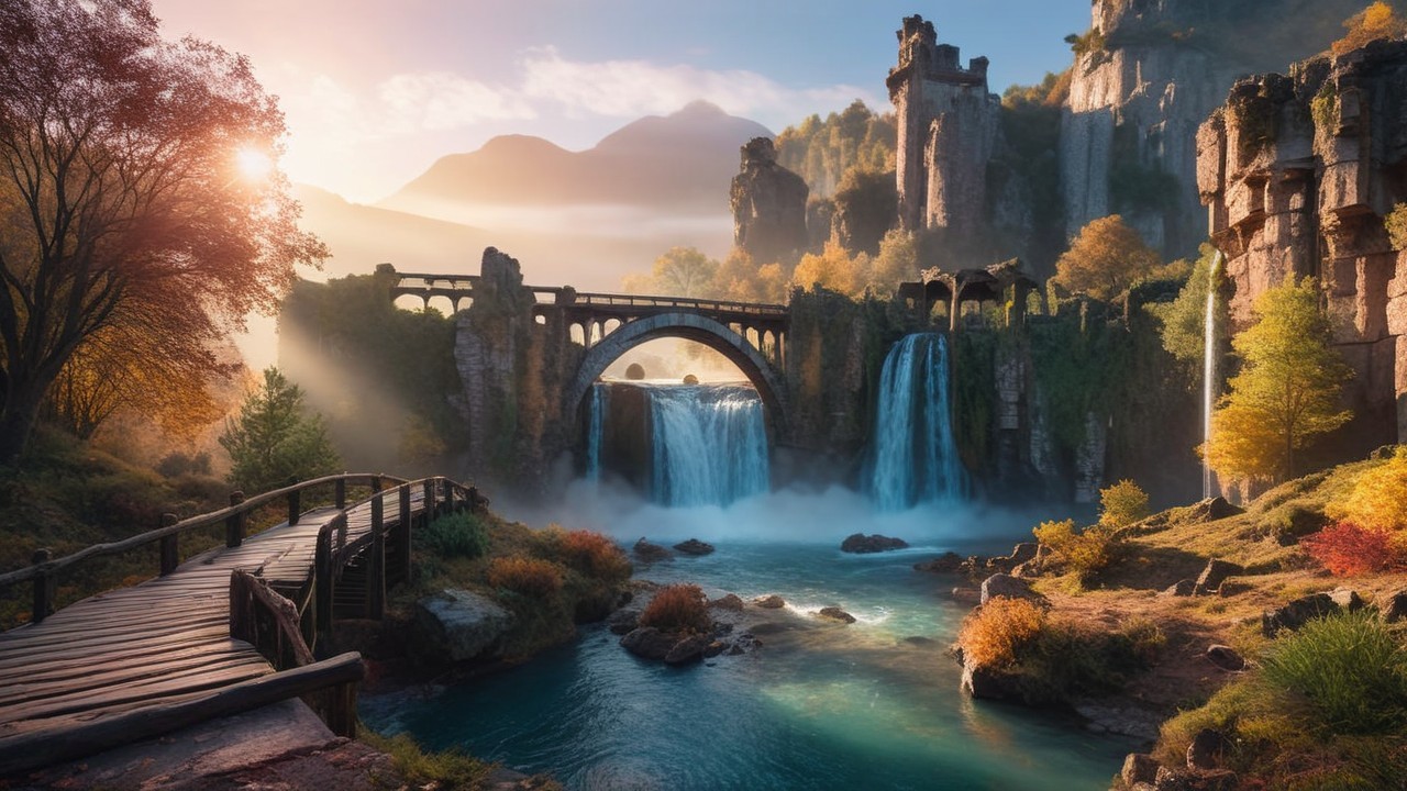 Serene Landscape with Waterfalls and Ancient Bridge