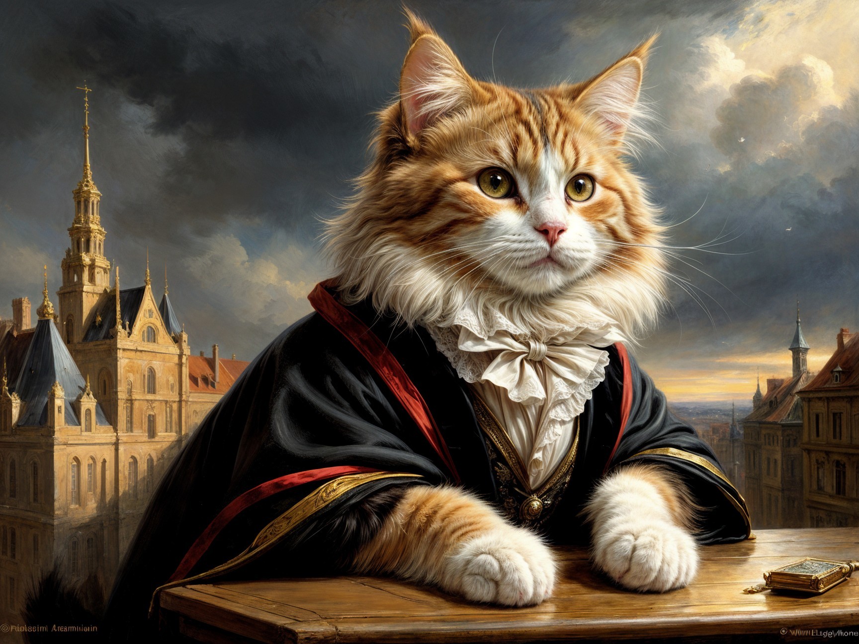 Regal Orange Tabby Cat in Velvet Robe at Desk