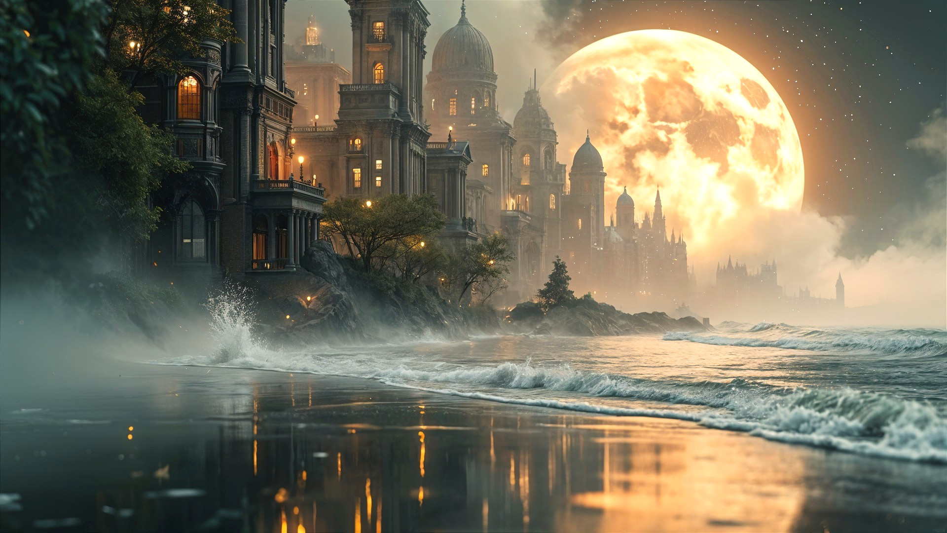 Mystical Coastal Landscape with Grand Buildings and Moonlight