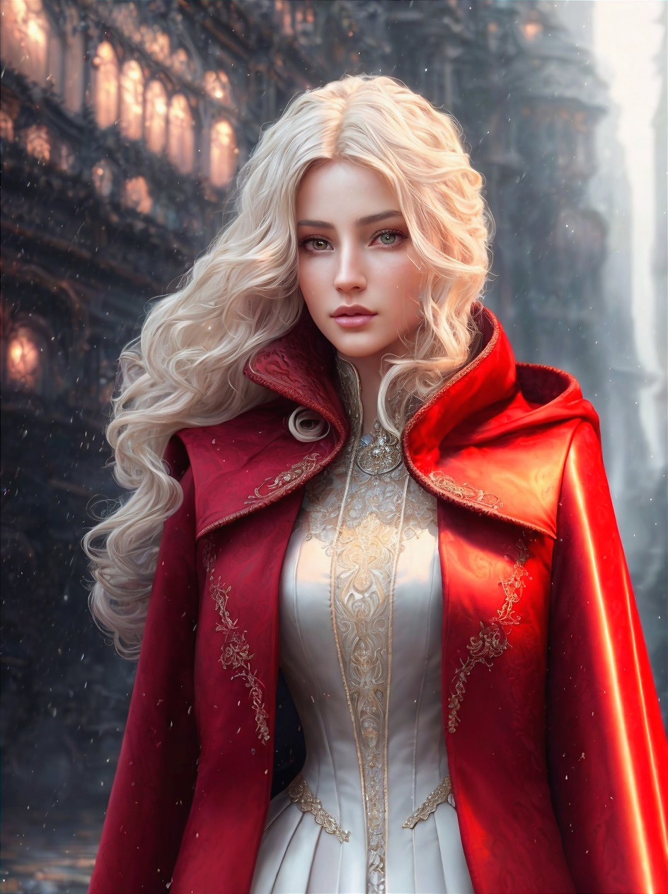 Young Woman in White Gown and Red Cape in Gothic Setting