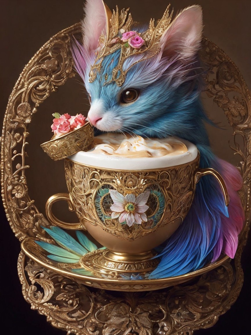 Colorful Cat in Golden Teacup with Cream and Flowers