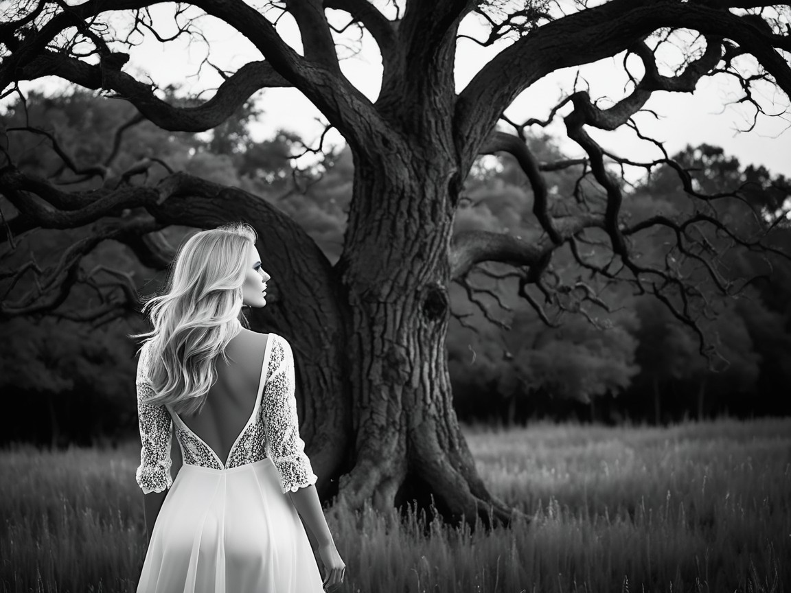 Woman in White Gown by Majestic Tree in Black and White