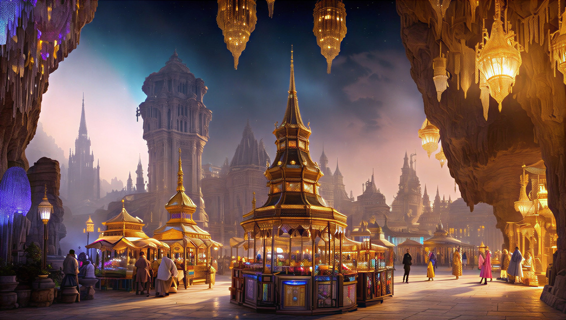 Fantasy Landscape with Ancient City and Twilight Sky