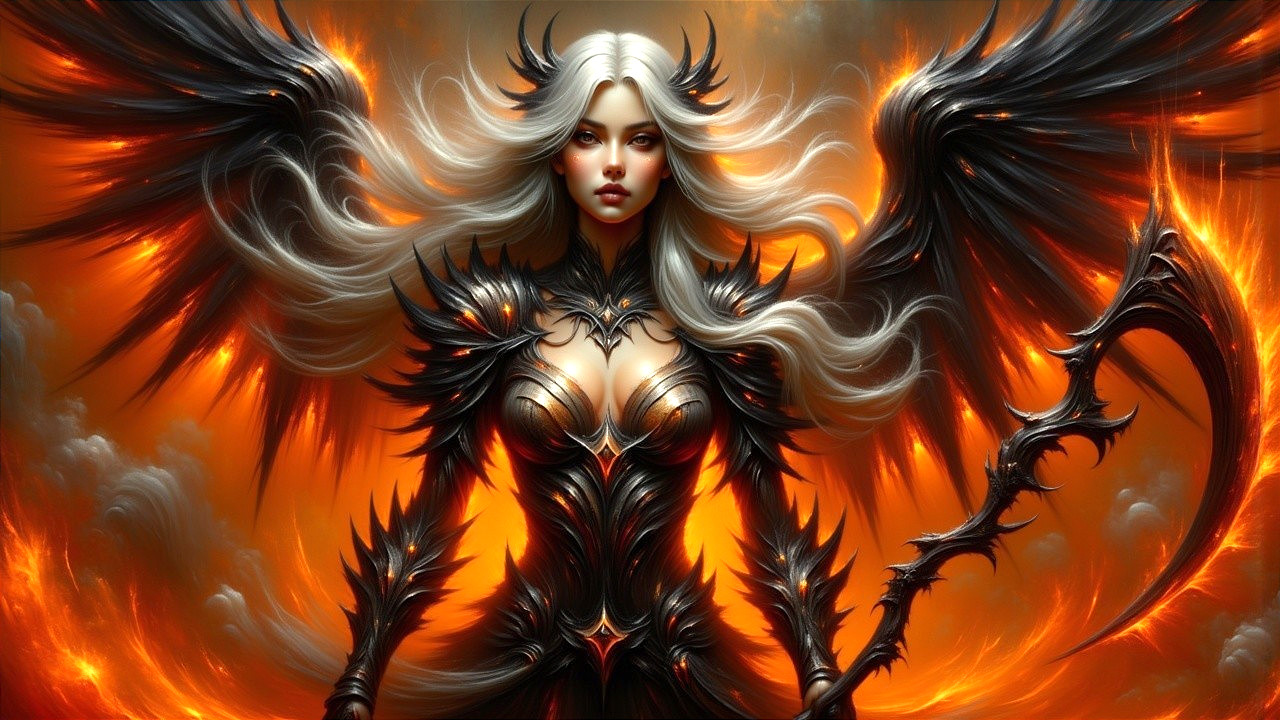 Fierce warrior in black armor with silver hair and weapon