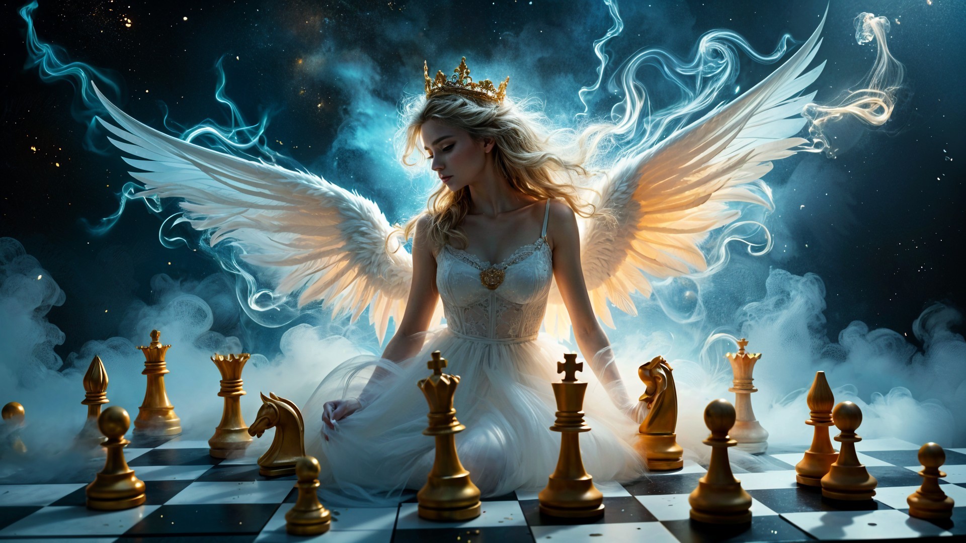 Serene Figure with Wings on a Chessboard Scene