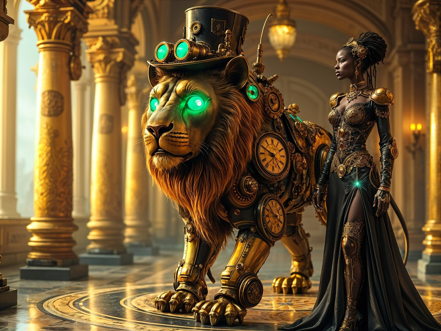 Regal Woman and Steampunk Lion in Opulent Hall