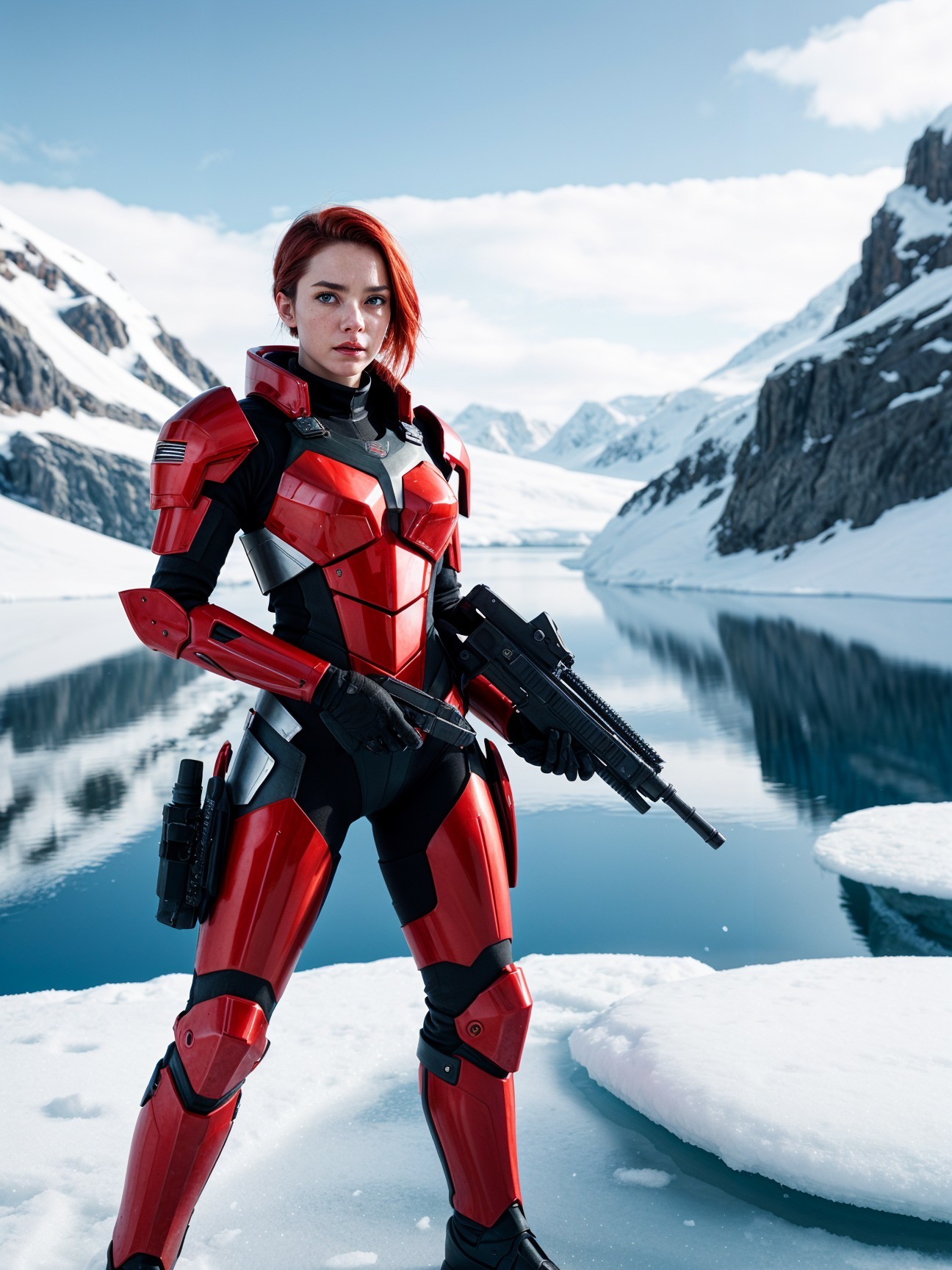 Female warrior in red armor on snowy landscape