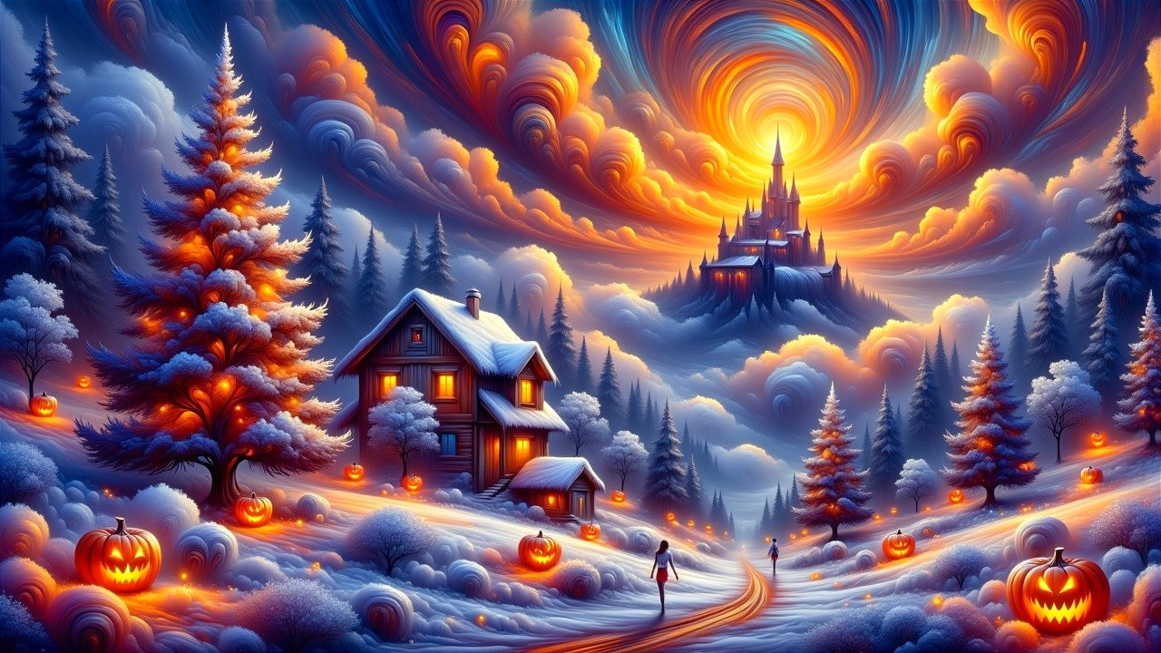 Winter Landscape with Cabin and Pumpkin Trees