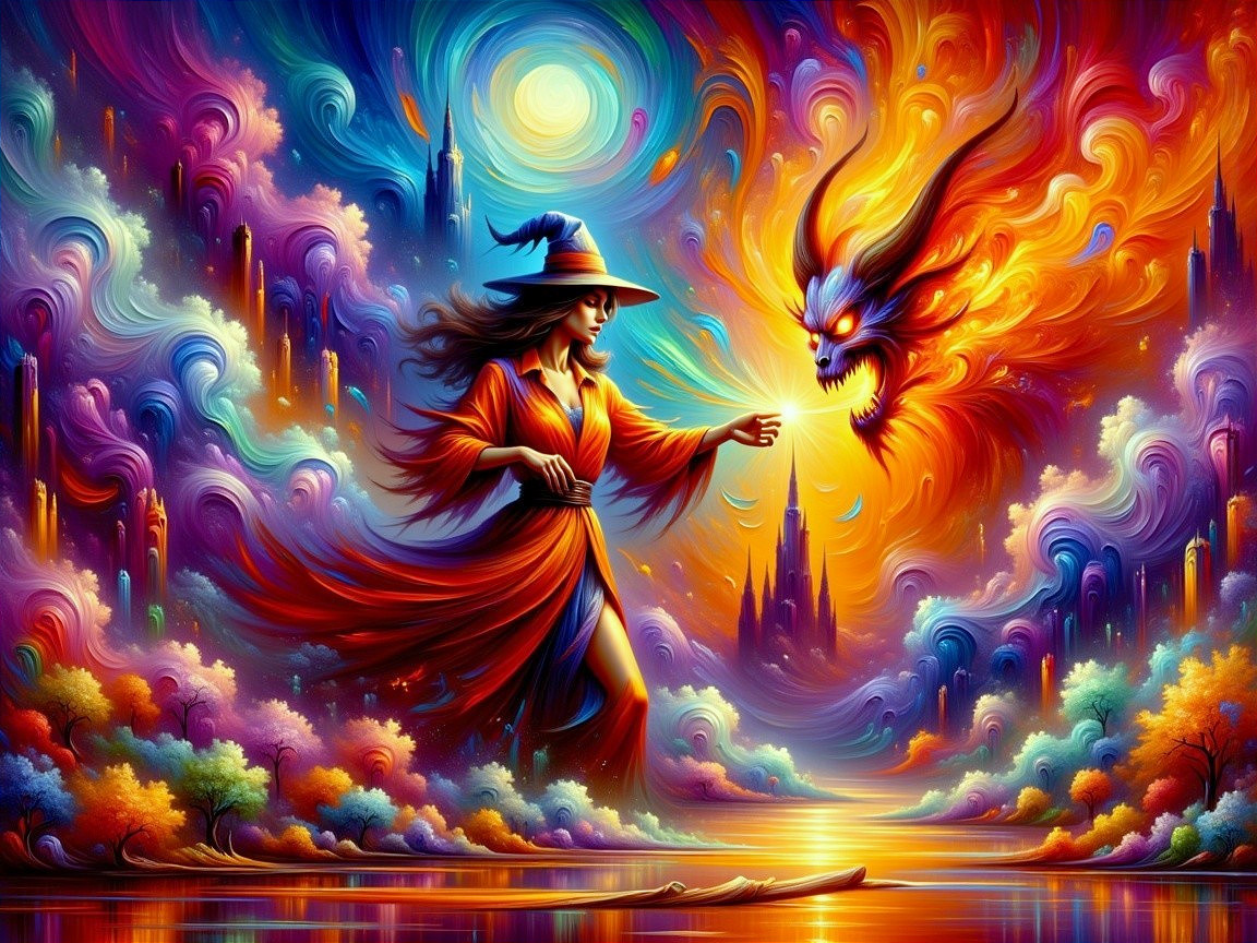 Sorceress Casting Spells in a Colorful Fantasy Scene