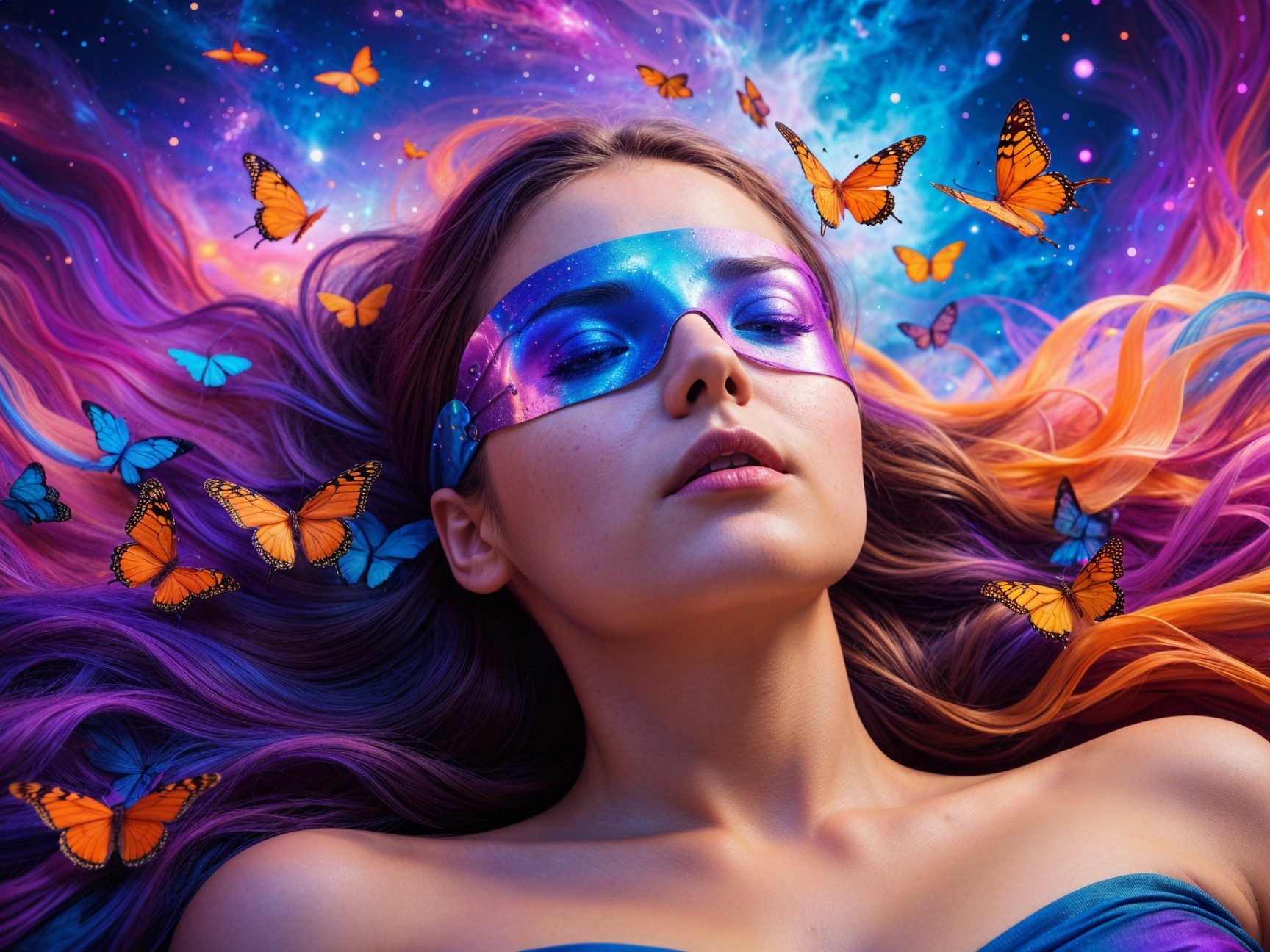 Serene Woman with Butterflies in Cosmic Setting