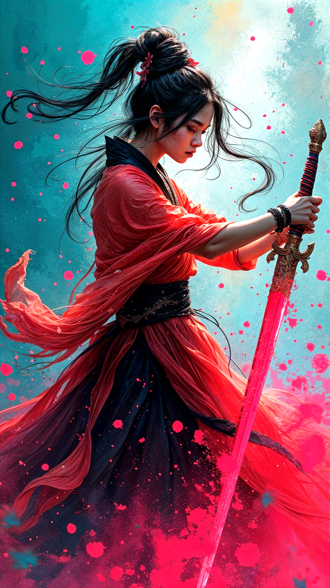 Warrior in Red and Black Garment with Shimmering Sword