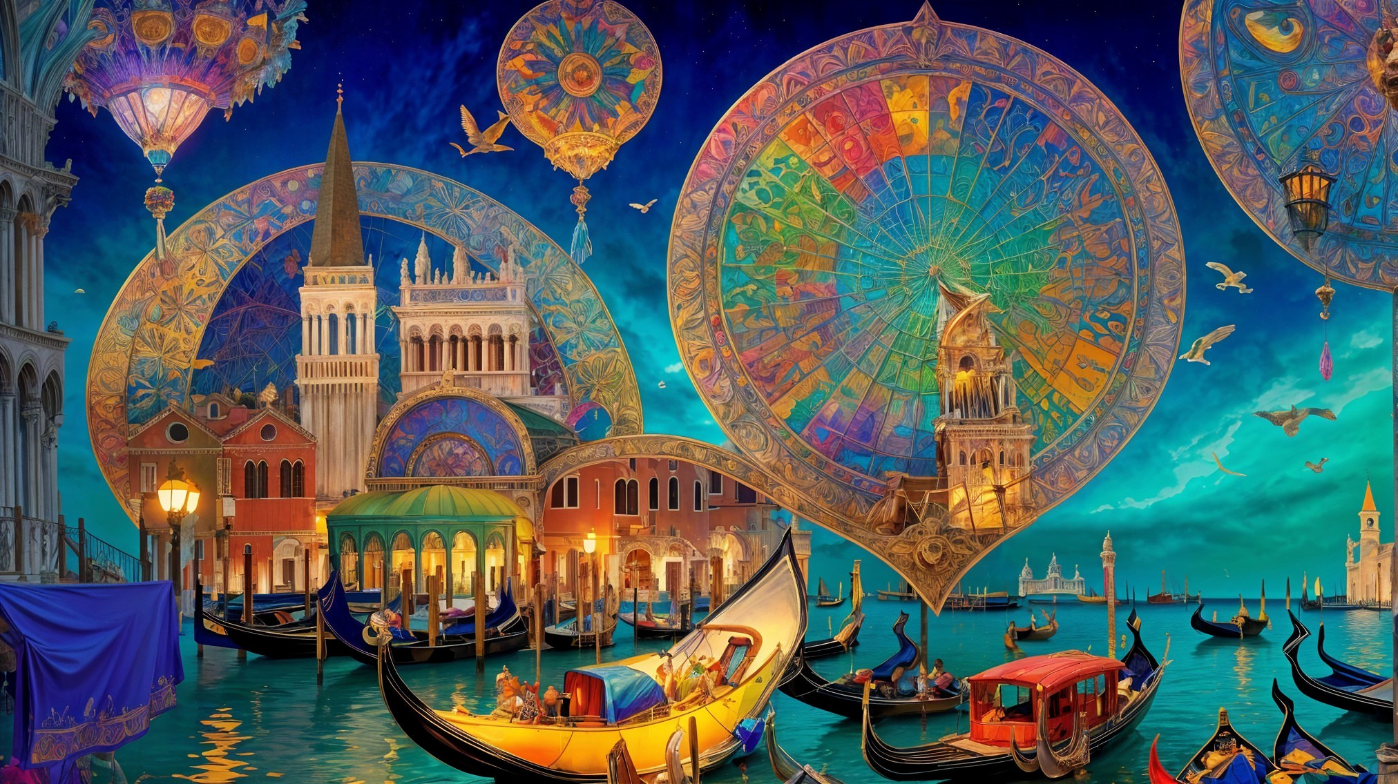 Vibrant Night Scene of Fantastical Venice with Balloons