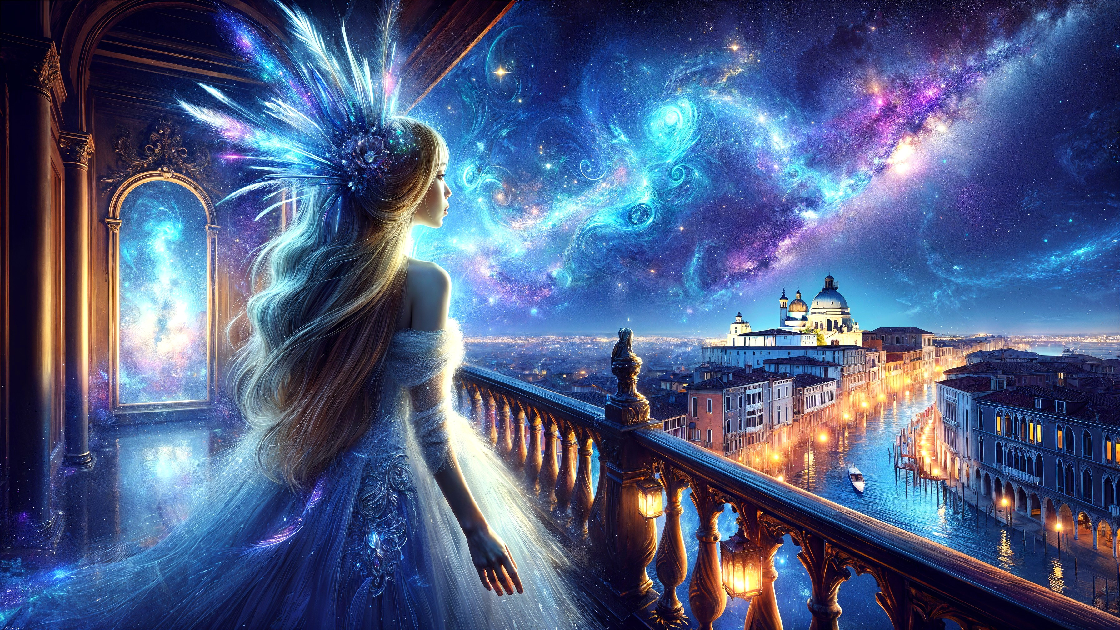 Ethereal Figure Overlooks Cosmic Venice Landscape