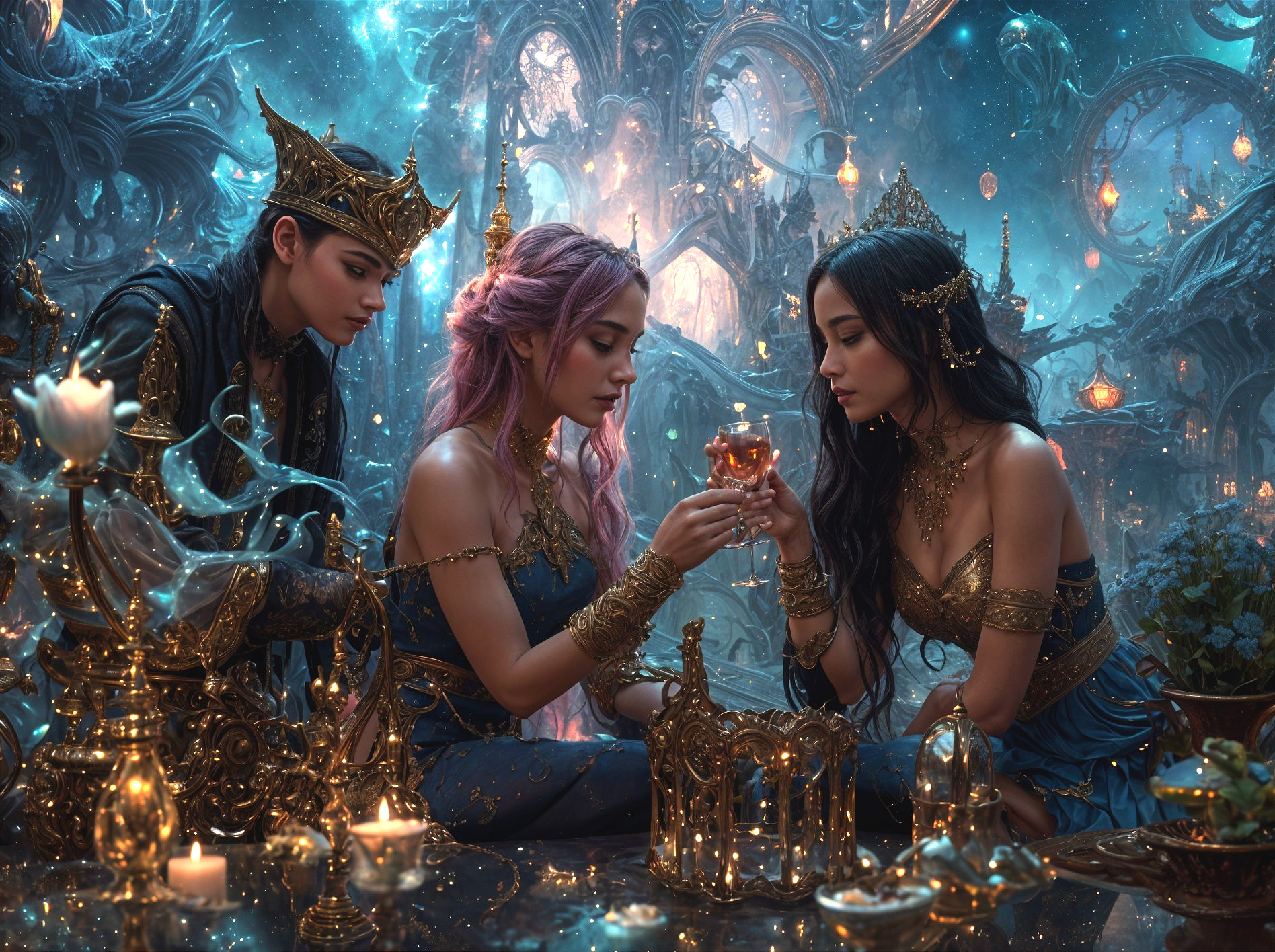 Elegant Figures in Mystical Setting with Crystal Chalice