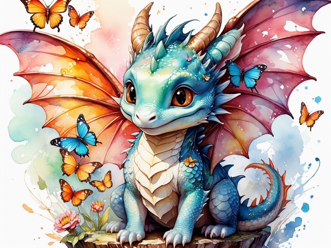 Colorful Dragonling with Butterflies in Dreamlike Setting