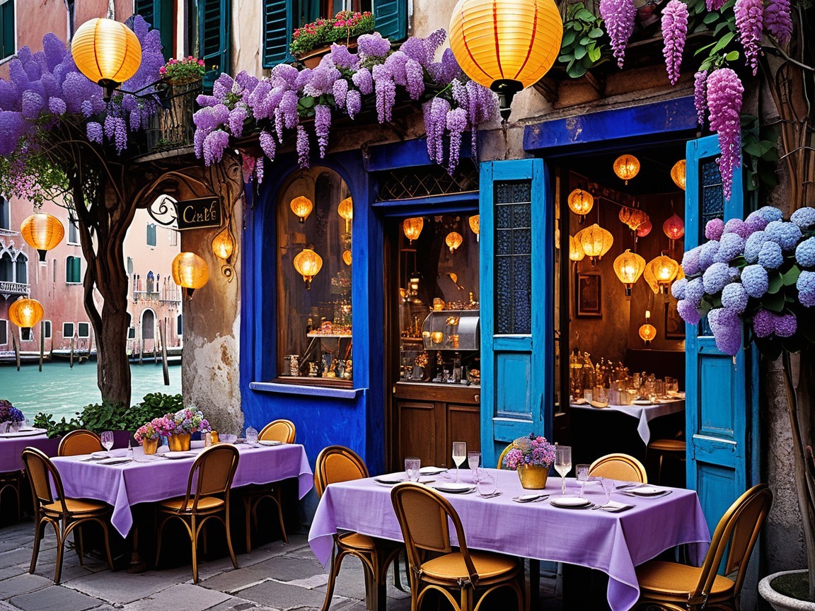 Charming Canal Café with Wisteria and Lanterns