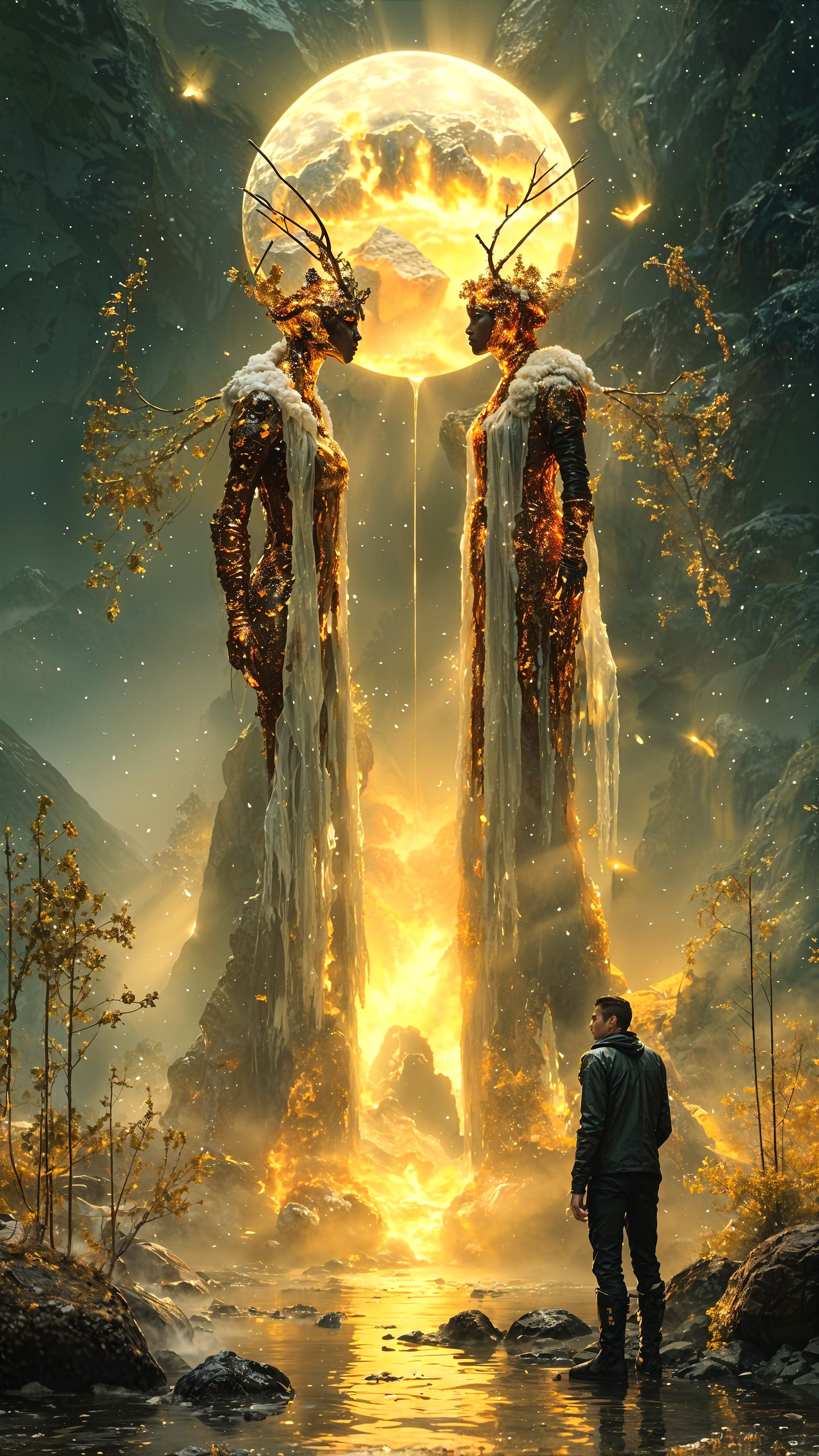 Surreal Landscape with Golden Figures and Moonlight