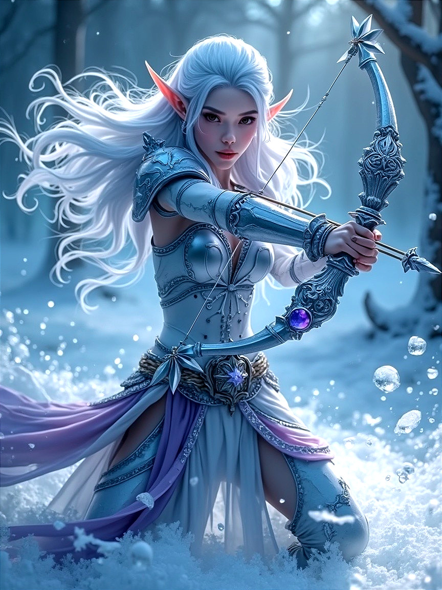 Ethereal Elf in Snowy Forest with Bow and Armor