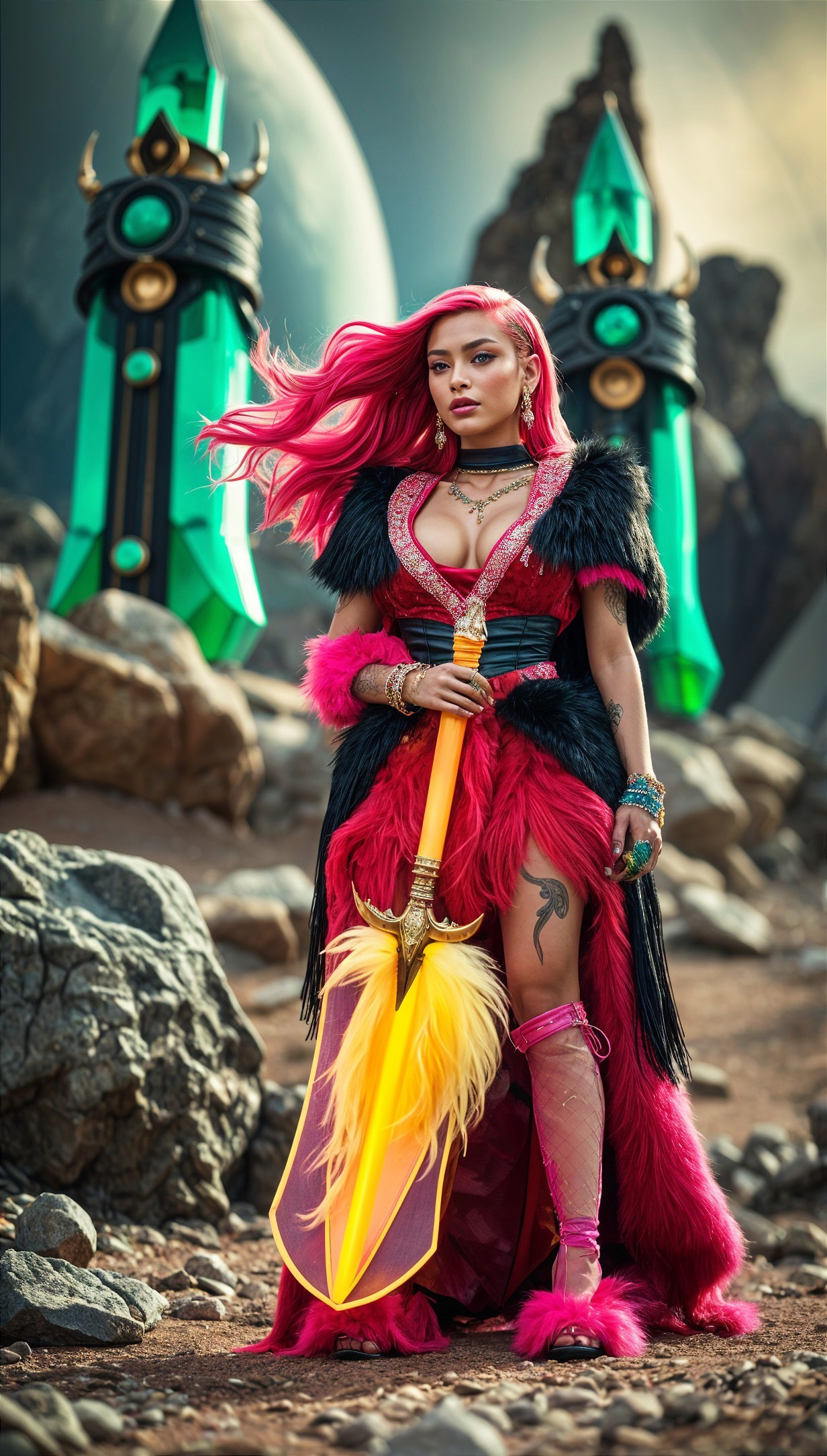 Fierce warrior in red and black outfit with yellow sword