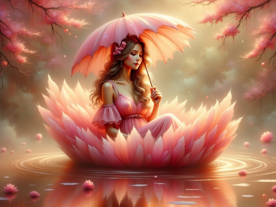 Young Woman in Lotus Flower Surrounded by Calm Waters