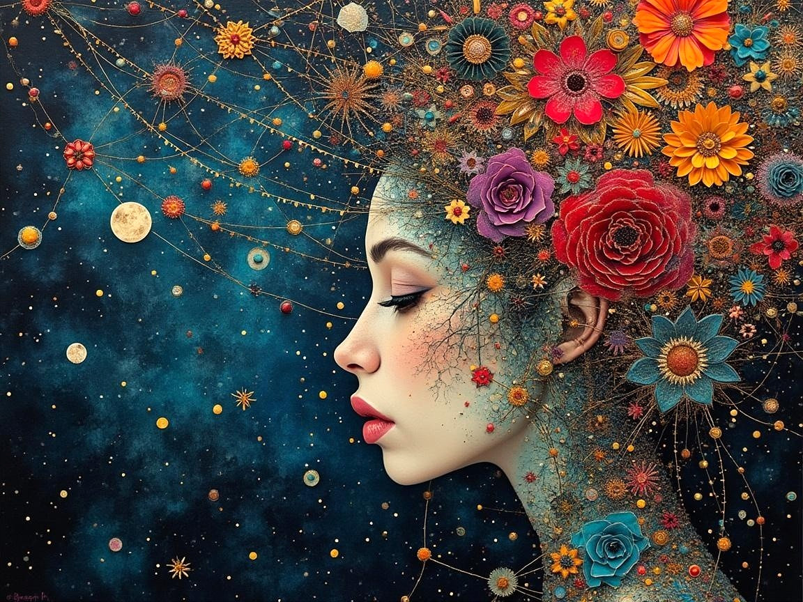 Side Profile of Woman with Floral Cosmic Design