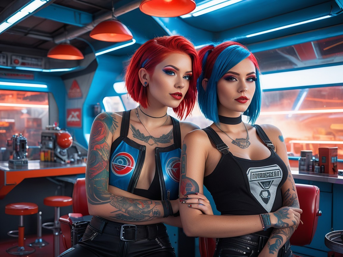 Models with Colorful Hair in Retro Diner Setting