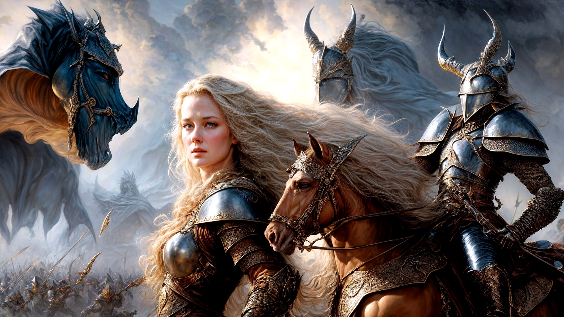 Fierce Warrior Woman in Shining Armor on Battlefield