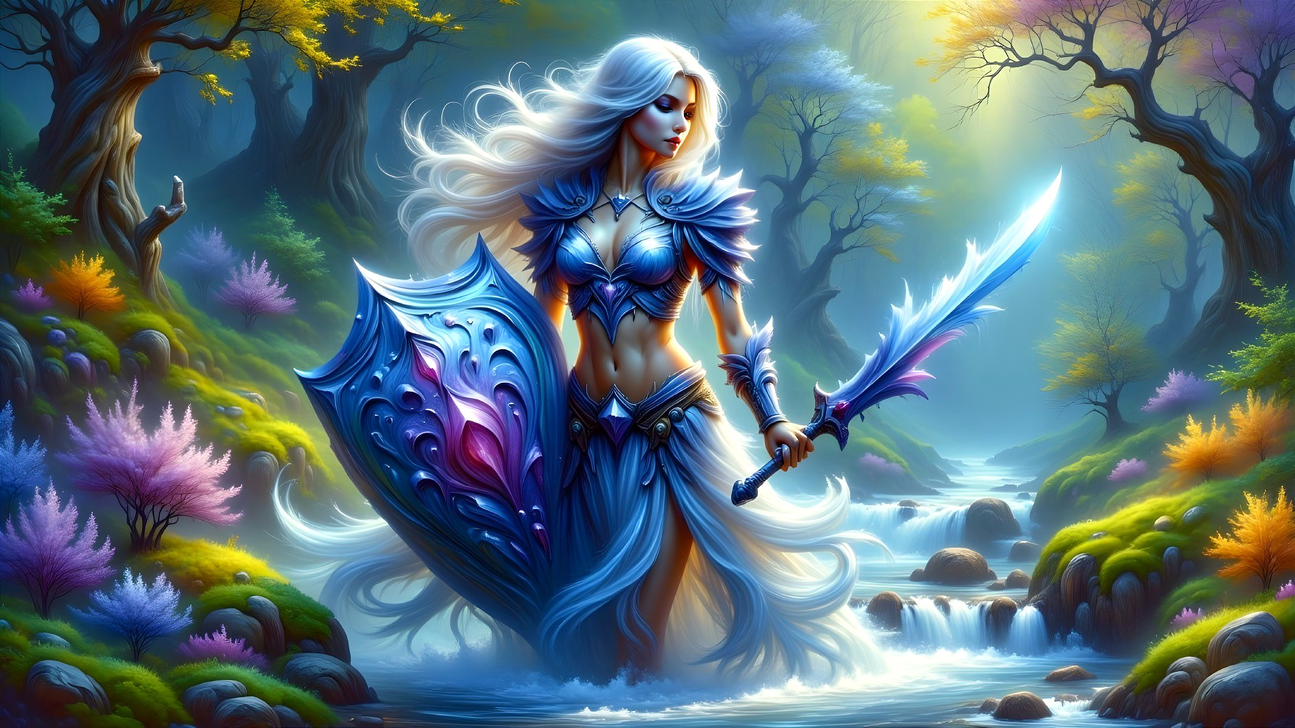 Fierce Warrior in Enchanted Forest with Sword and Shield