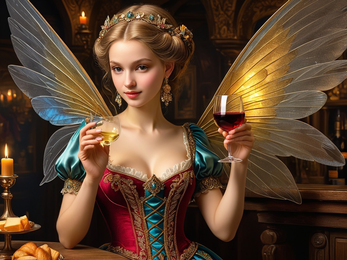 Fairy Figure in Elegant Bar Setting with Wine Glasses