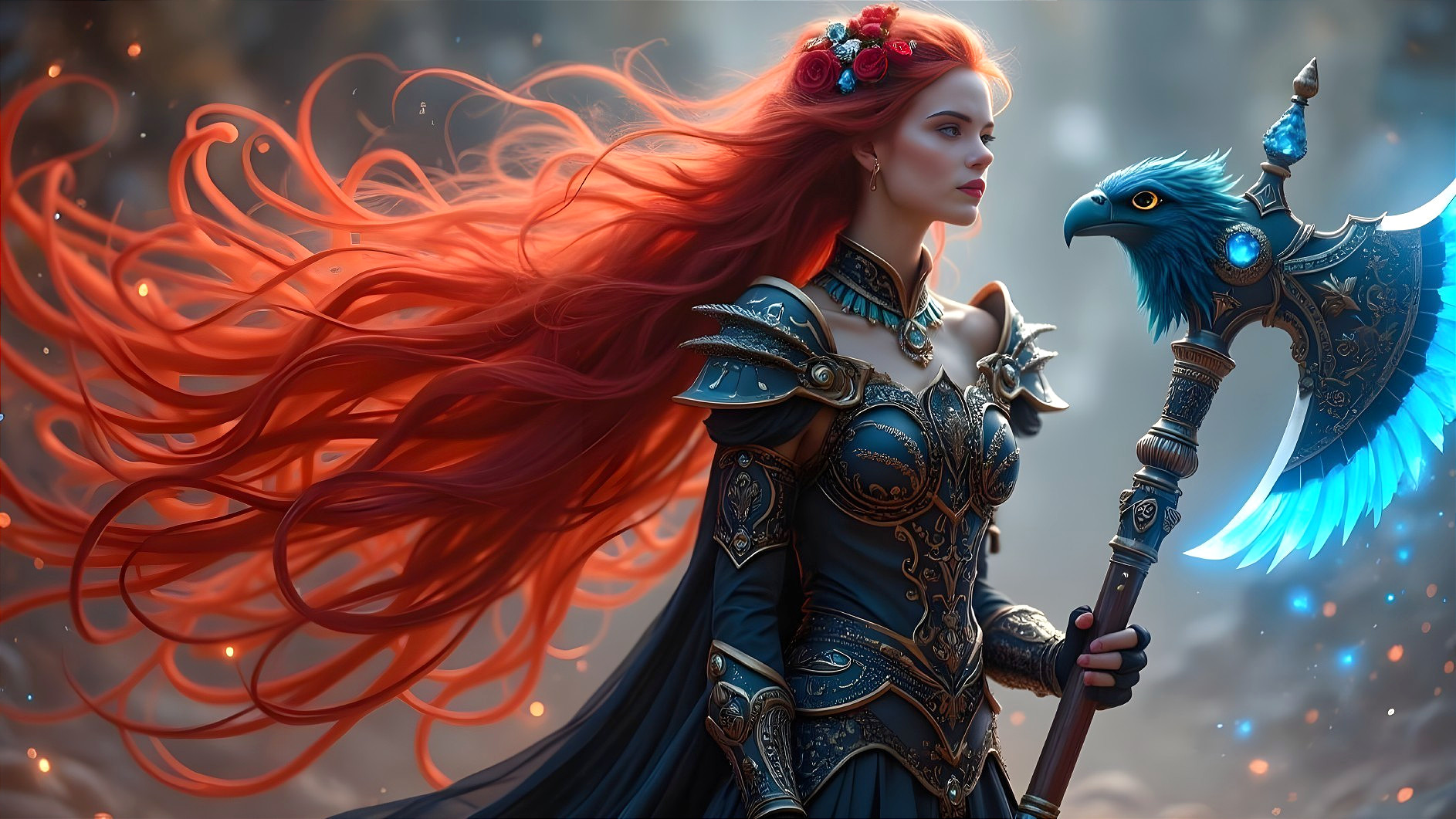 Warrior Woman in Intricate Armor with Majestic Axe