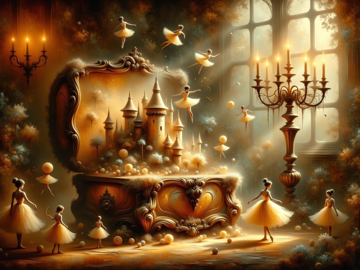 Whimsical Castle Scene with Ballerinas in a Chest