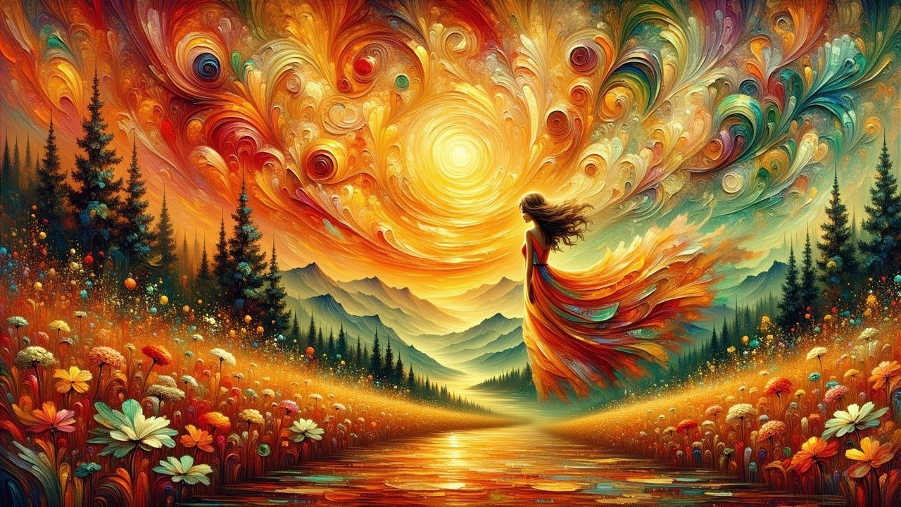Vibrant Landscape with Figure by Waterway and Mountains