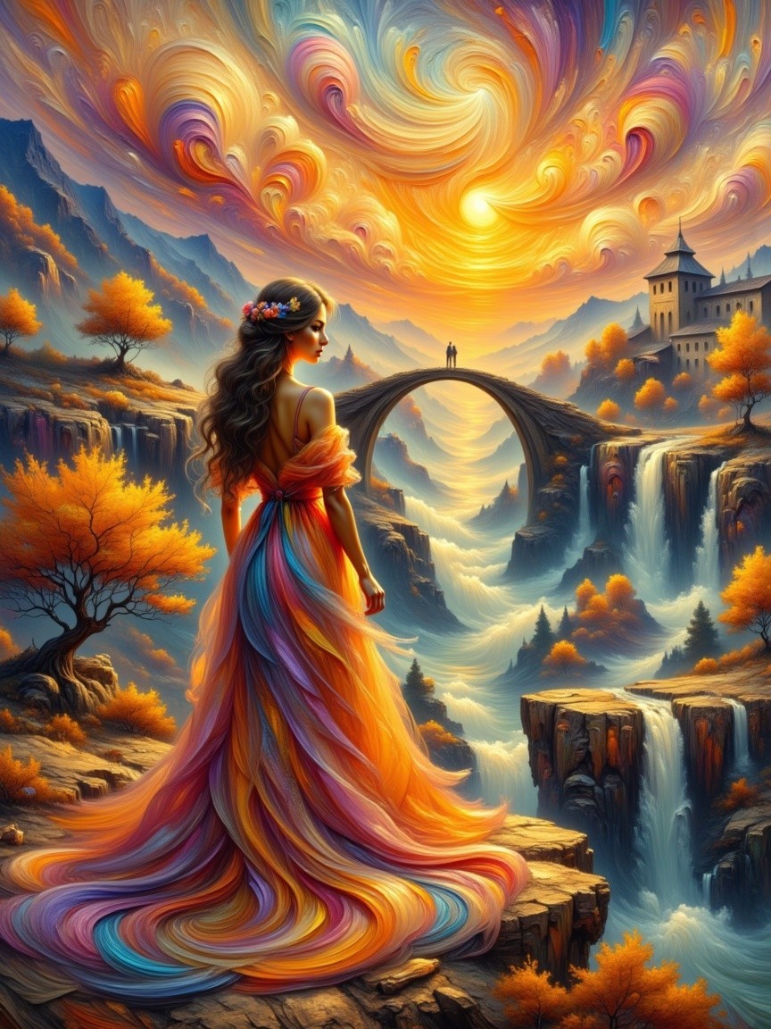 Surreal Landscape with Woman and Sunset Scene