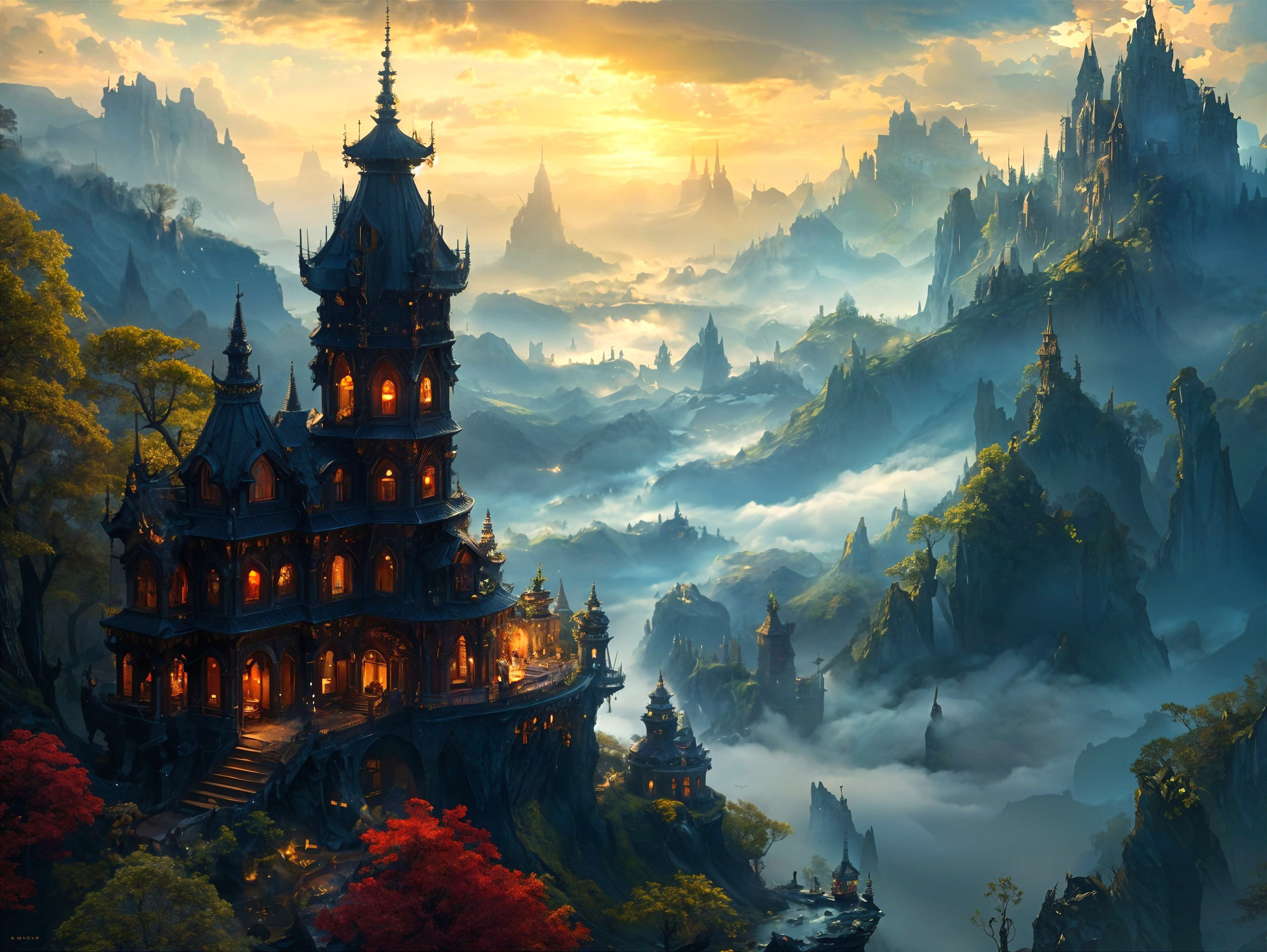 Fantastical Landscape with Castle and Sunset Views